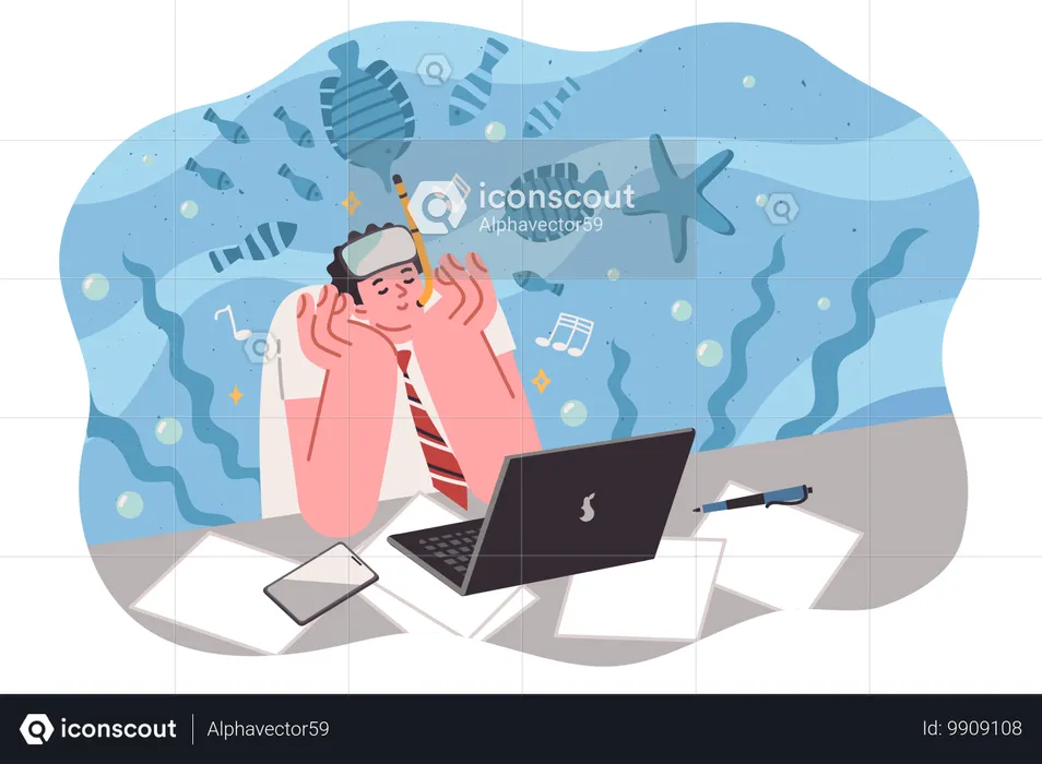 Homme assis sur le lieu de travail et imaginant nager sous l'eau  Illustration