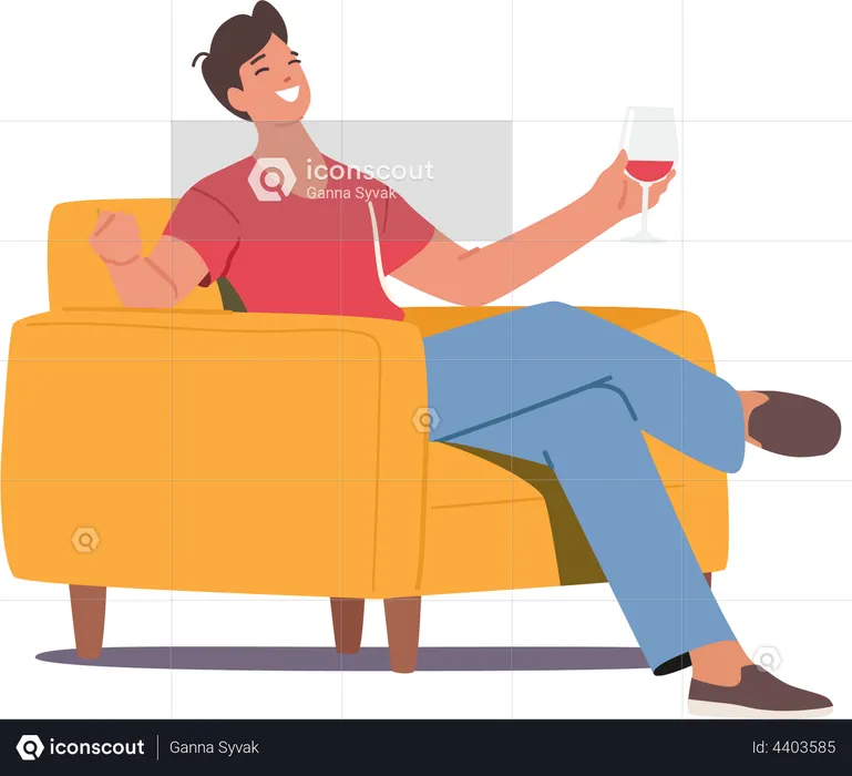 Homme assis sur un fauteuil tenant un verre à vin  Illustration