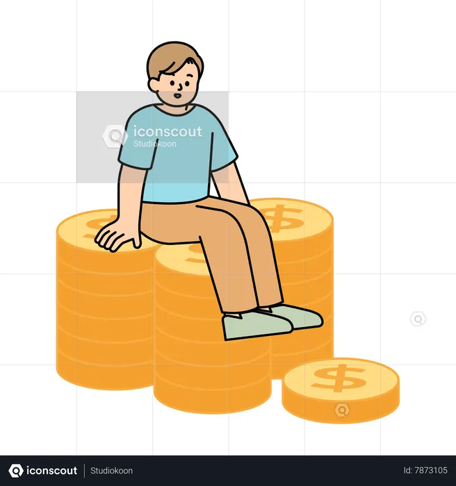 Homme assis sur un tas de pièces de monnaie  Illustration