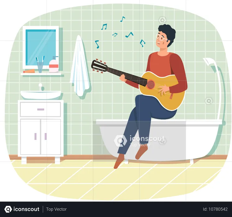 Homme assis sur la baignoire dans la salle de bain avec une guitare  Illustration