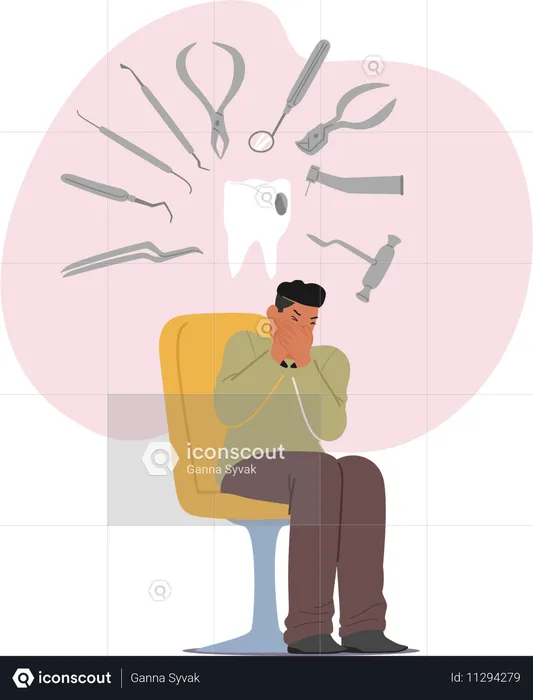 Un homme assis sur une chaise avec une expression de détresse imagine des outils dentaires planant au-dessus  Illustration