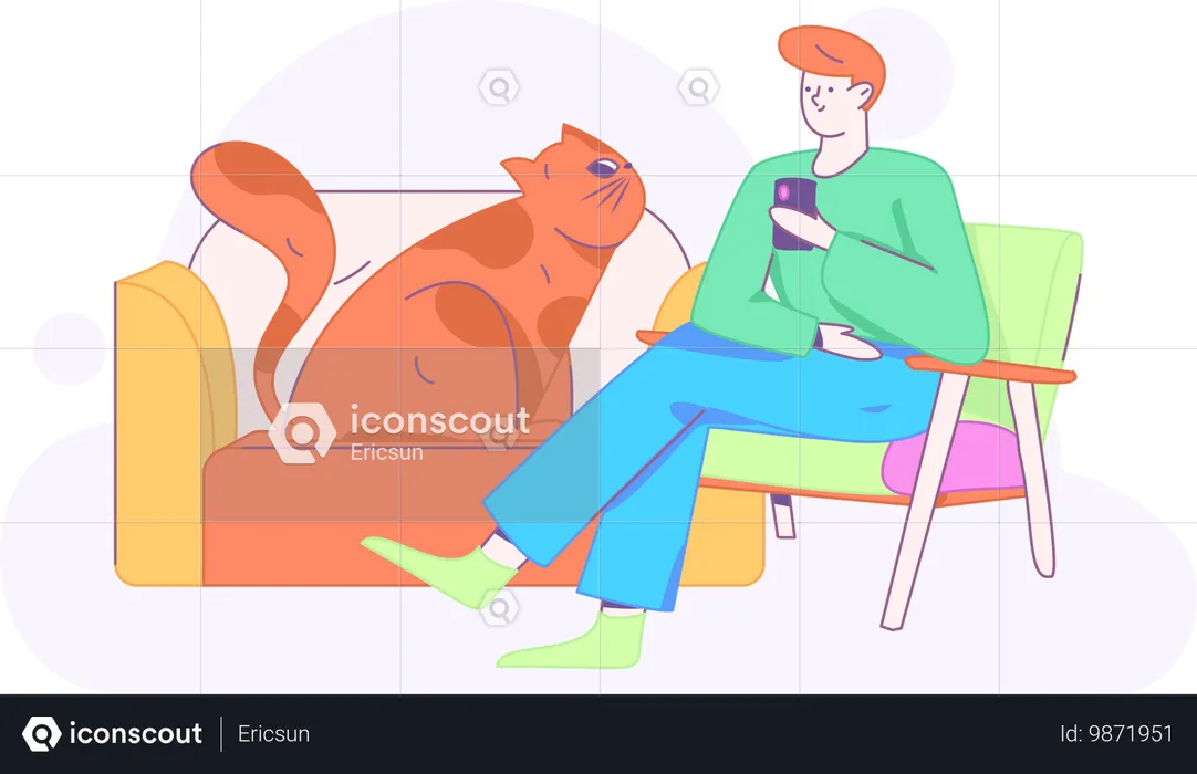 Homme assis sur une chaise tout en parlant sur mobile  Illustration