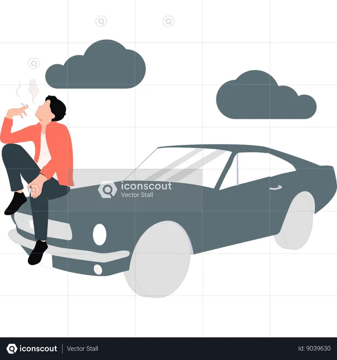 Homme assis sur une voiture fumant une cigarette  Illustration