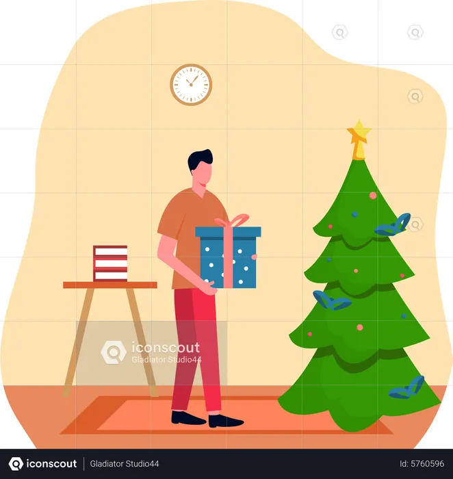 Homme avec cadeau de Noël près de l'arbre  Illustration