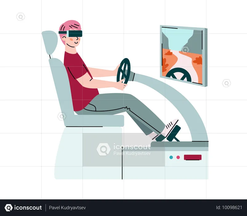 Un homme portant des lunettes de réalité virtuelle joue ou apprend à conduire une voiture en réalité augmentée virtuelle  Illustration