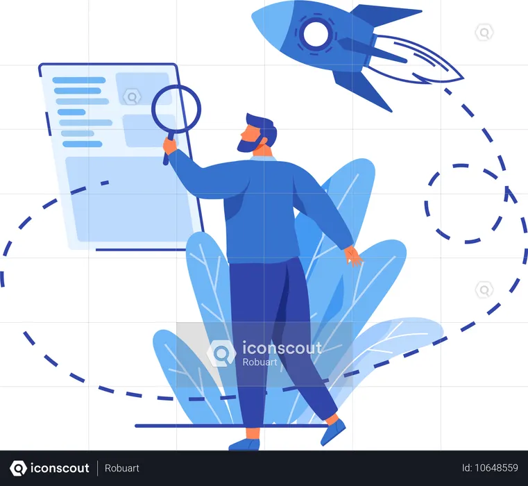 Homme avec une loupe recherchant des informations dans un document texte  Illustration