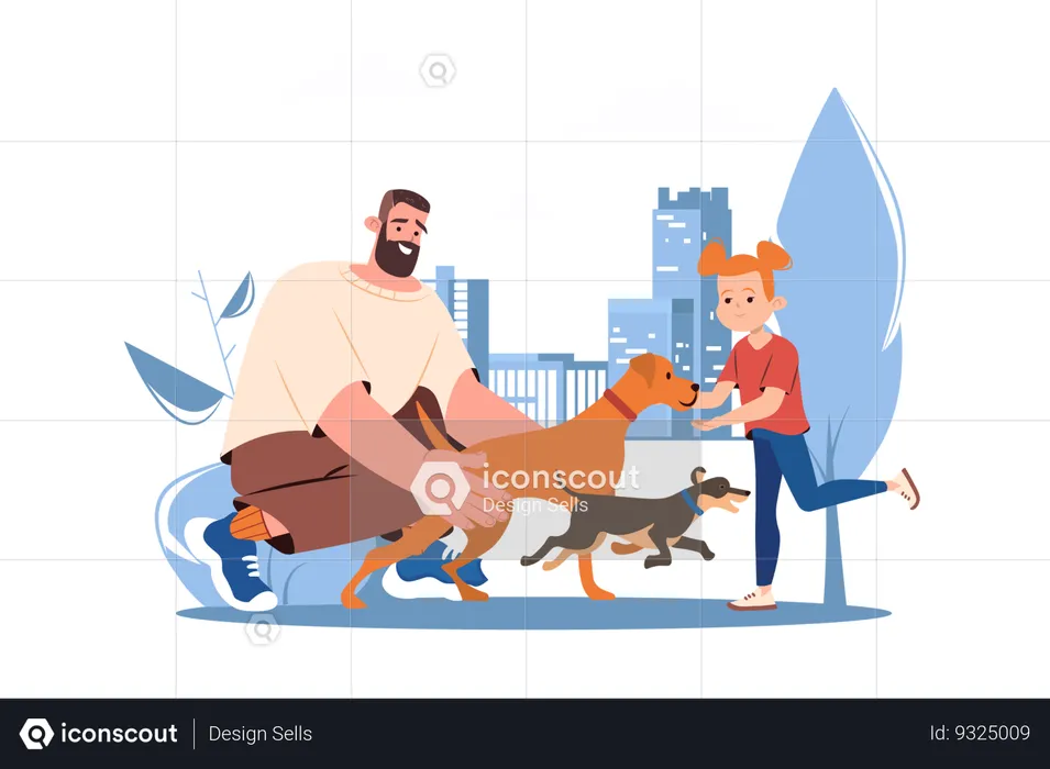 Homme avec sa fille promenant leurs chiens  Illustration