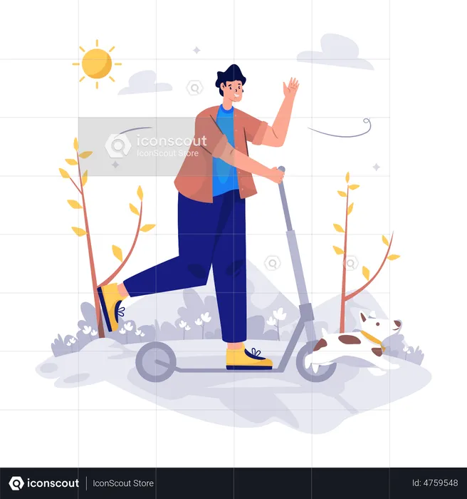 Homme avec scooter et chien au printemps  Illustration