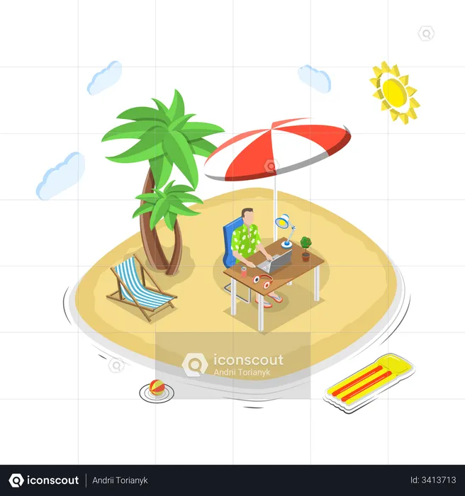 Un homme avec un ordinateur portable à la table travaille sur une île tropicale  Illustration