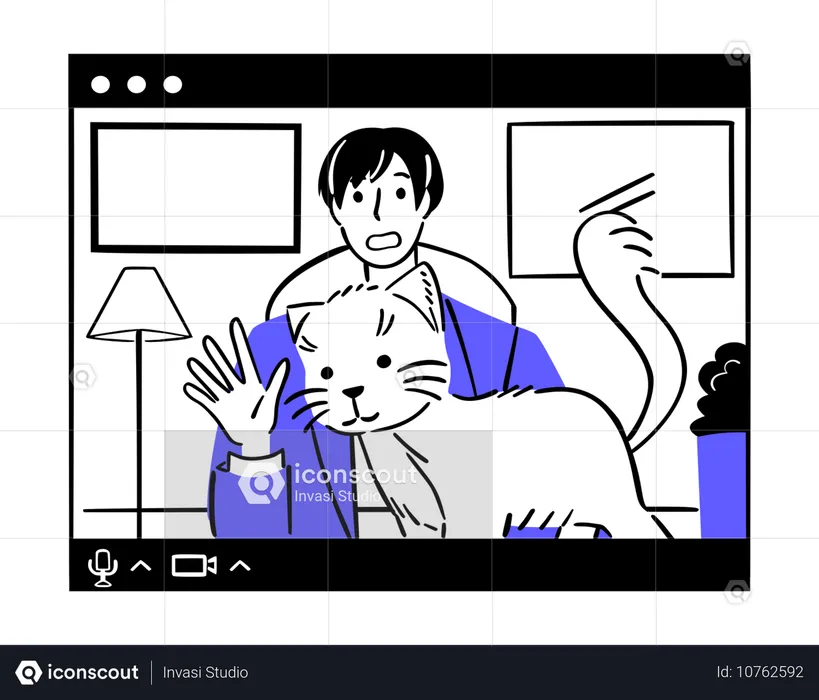 Un homme passe un appel vidéo avec un chat à l'écran  Illustration