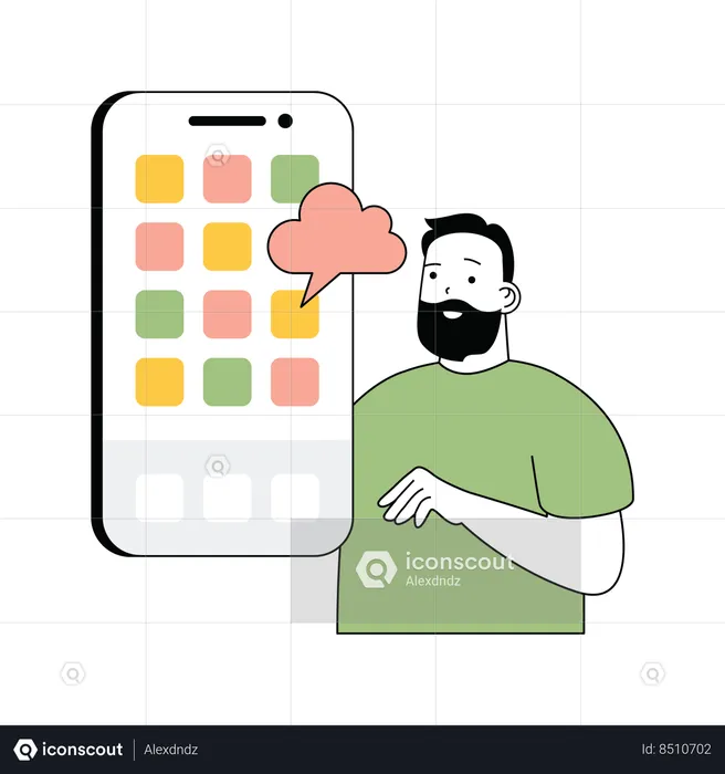 Homme barbu montrant l'application cloud sur smartphone  Illustration