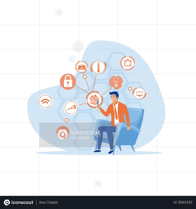 Homme barbu assis sur une chaise avec un smartphone avec fonction de contrôle de maison intelligente  Illustration