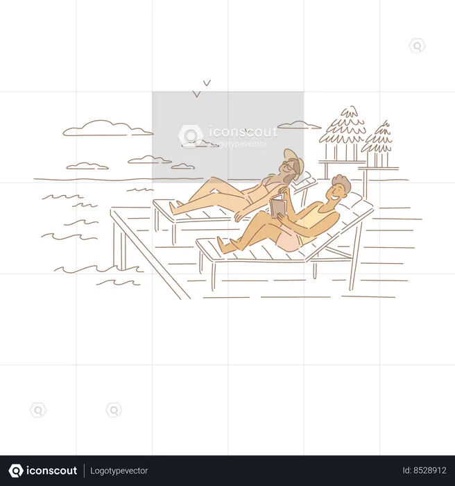 Homme bronzé lisant un livre sur Sea Resort  Illustration