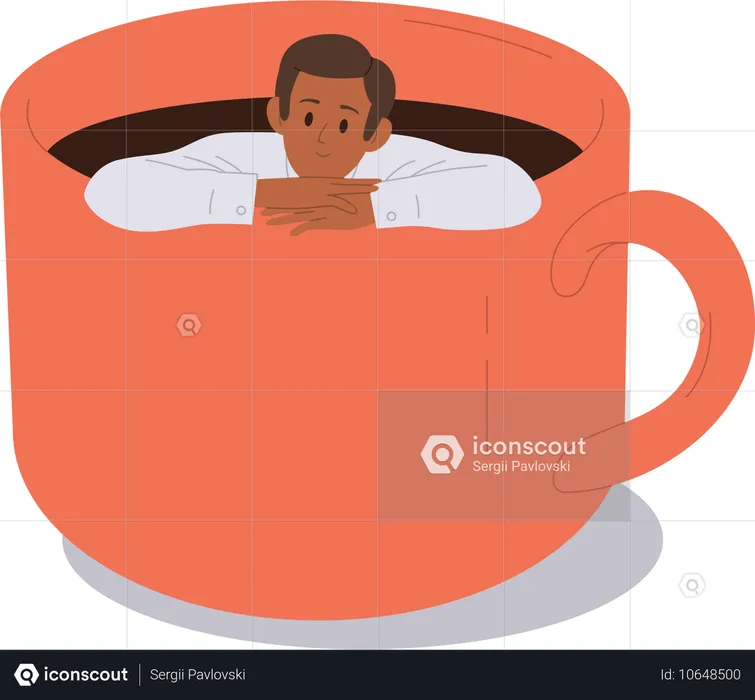 Homme drôle de café dans une tasse géante avec une boisson aromatique  Illustration