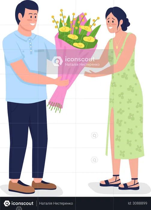 Homme caucasien donnant des fleurs à une femme heureuse  Illustration