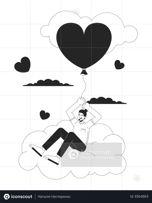 Homme caucasien volant avec un ballon dans les nuages  Illustration