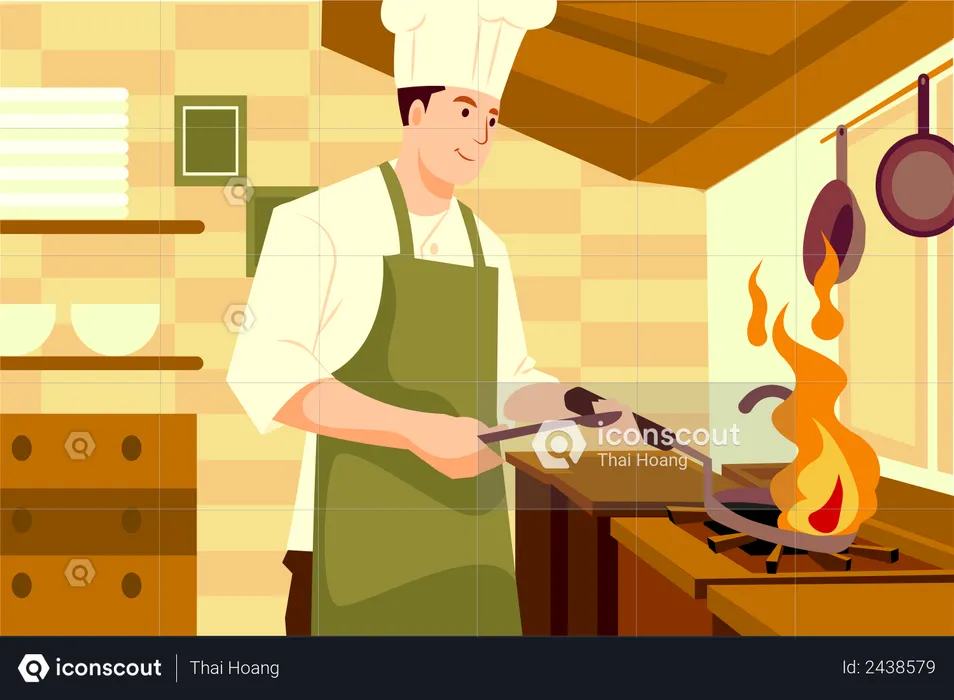 Chef masculin cuisinant dans la cuisine  Illustration