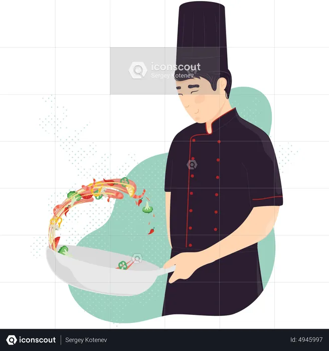 Chef masculin cuisinant dans la cuisine  Illustration