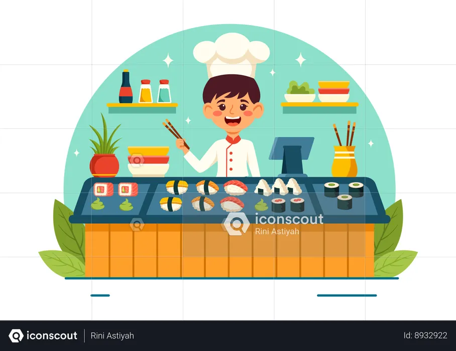 Chef masculin cuisinant des sushis  Illustration