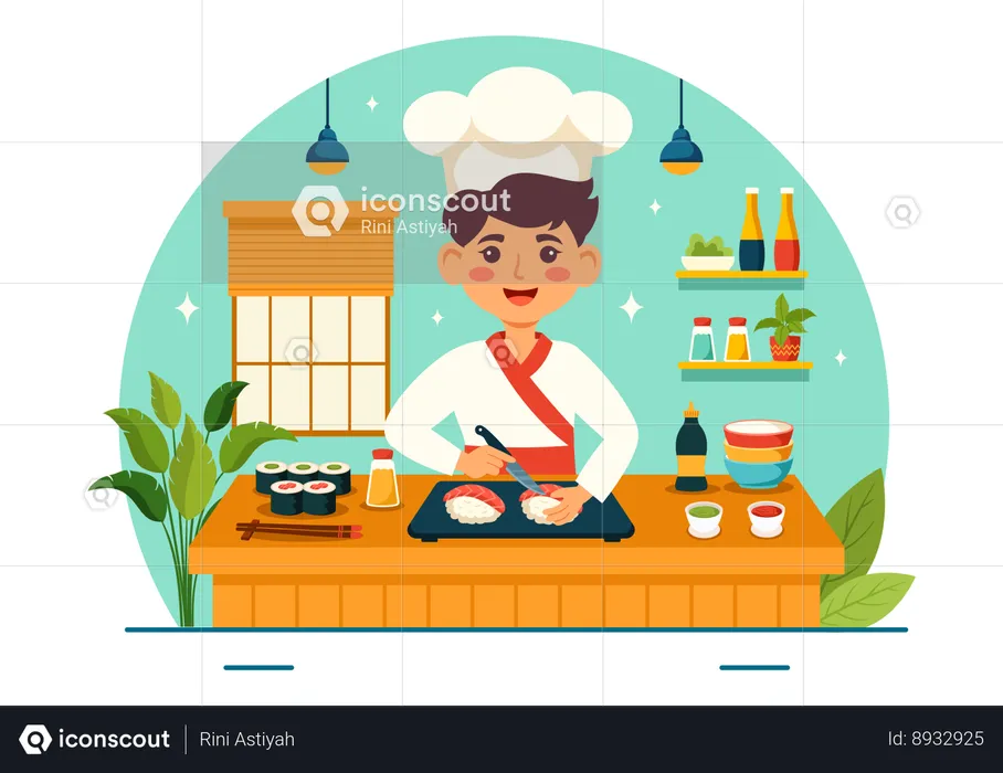 Chef masculin préparant un plat de sushi  Illustration