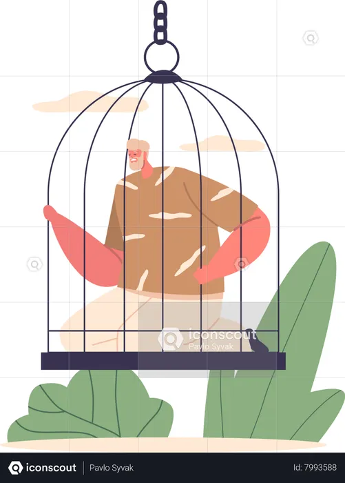 Homme confiné assis dans une cage  Illustration