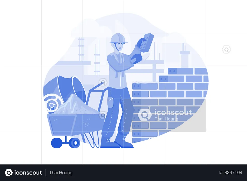 Homme constructeur avec truelle posant des briques dans le mur  Illustration