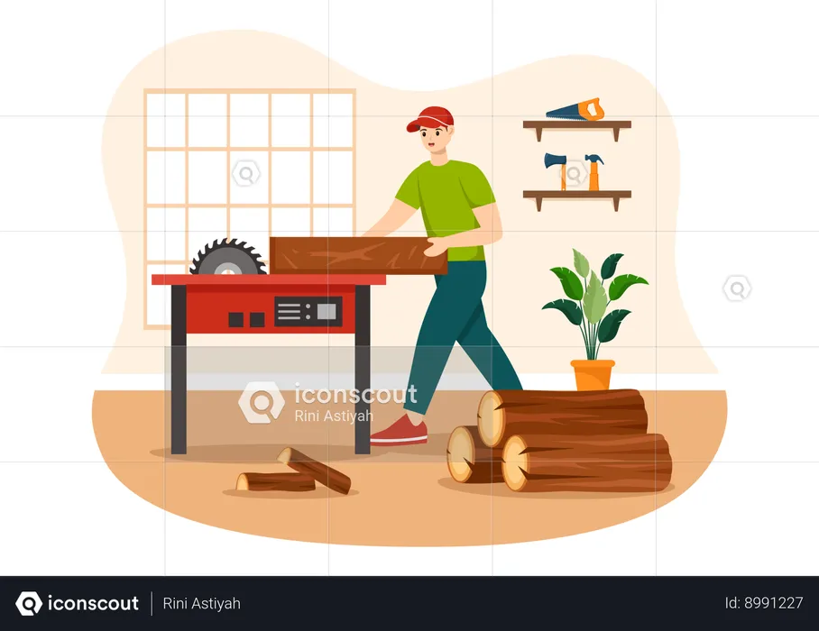 Homme coupant une bûche d'arbre  Illustration