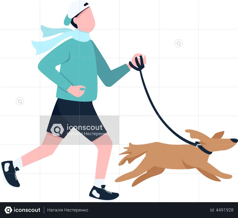 Homme qui court avec un chien en laisse  Illustration