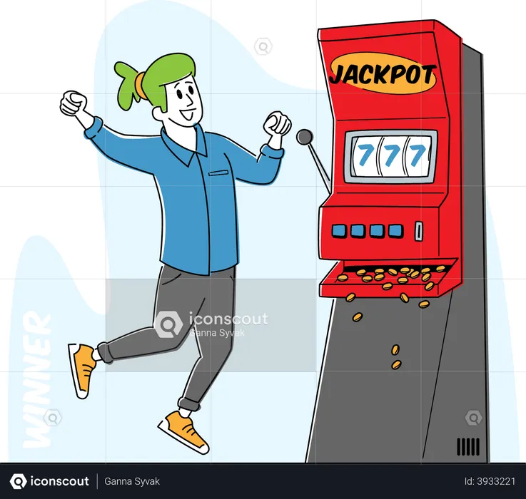 Un homme criant super excité remporte le jackpot sur un bandit à une main  Illustration