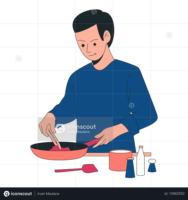 Homme cuisinant de la viande dans la cuisine  Illustration