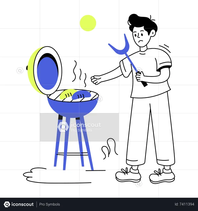 Homme faisant cuire un barbecue sur le gril  Illustration