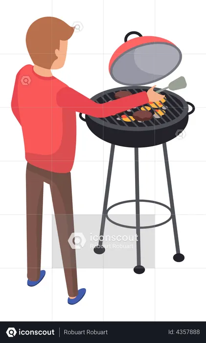 Homme cuisinant un repas à l'aide d'un barbecue  Illustration