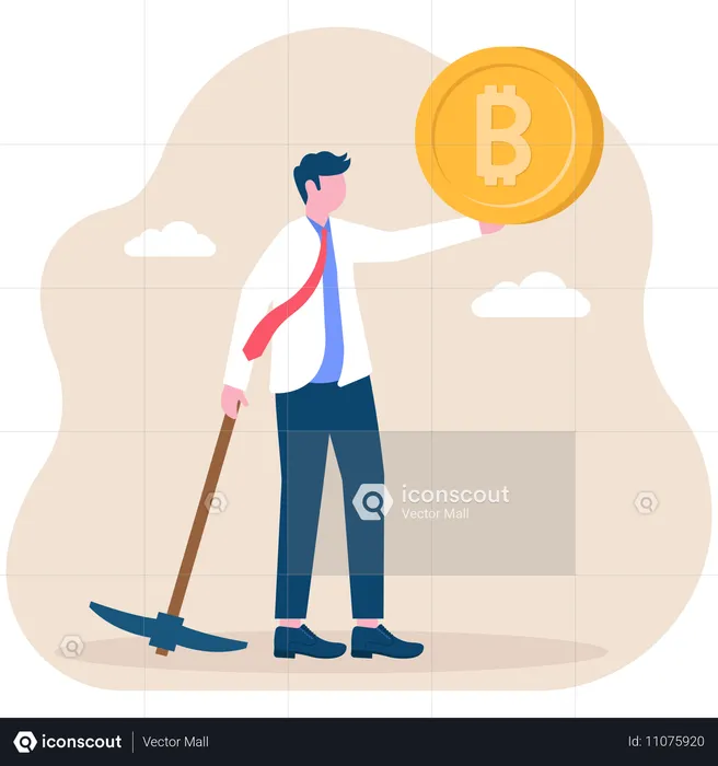 Homme d'affaires avec équipement minier détenant la crypto-monnaie Bitcoin  Illustration