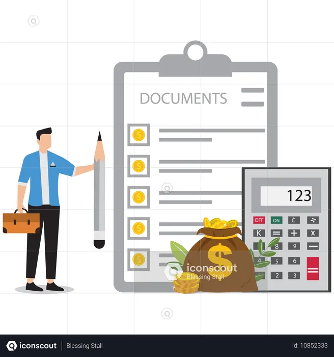 Homme d'affaires effectuant un calcul de coûts  Illustration