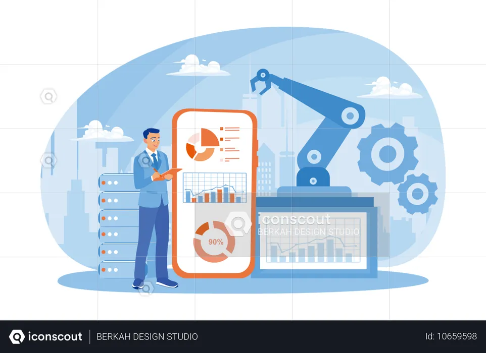 Homme d'affaires effectuant une analyse commerciale dans une usine intelligente  Illustration