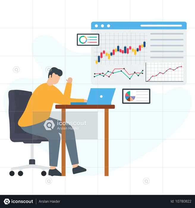 Homme d'affaires effectuant une analyse des records du marché  Illustration