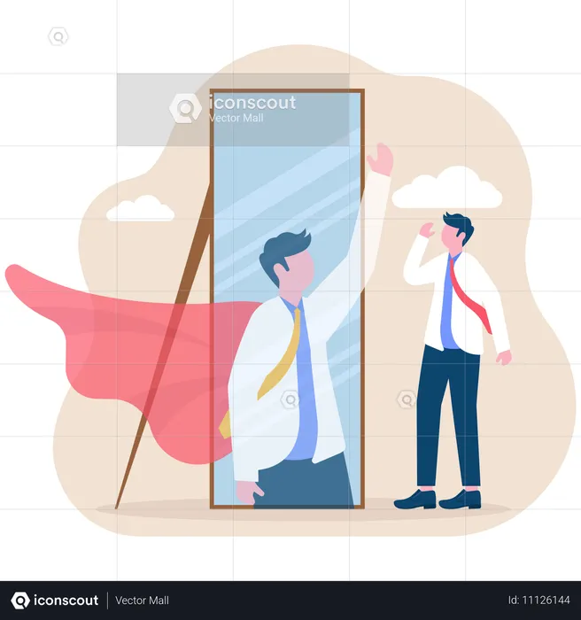 Un homme d'affaires se regarde dans le miroir comme un super-héros  Illustration