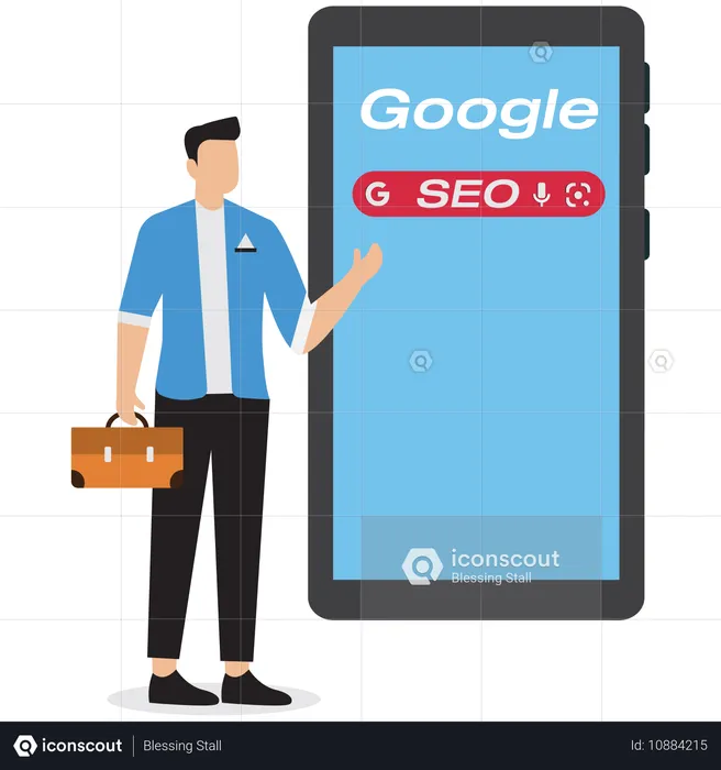 Homme d'affaires utilisant un smartphone mobile pour rechercher des informations SEO  Illustration