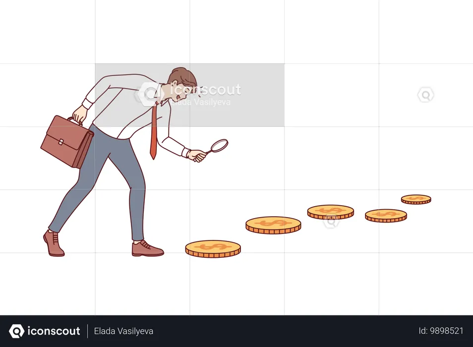 Homme d'affaires à la recherche d'opportunités d'investissement en suivant la piste des pièces d'or  Illustration