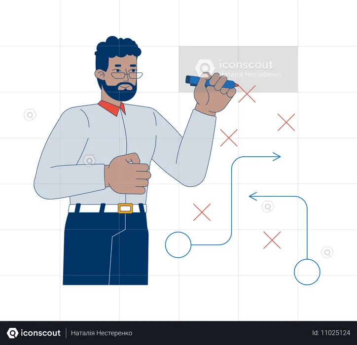 Homme d'affaires afro-américain élaborant une stratégie avec un organigramme  Illustration