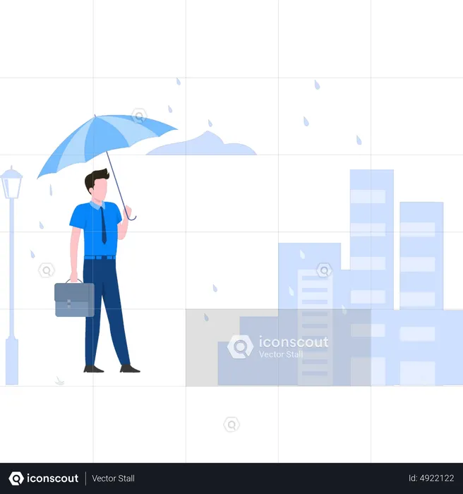 Homme d'affaires va au bureau sous la pluie  Illustration