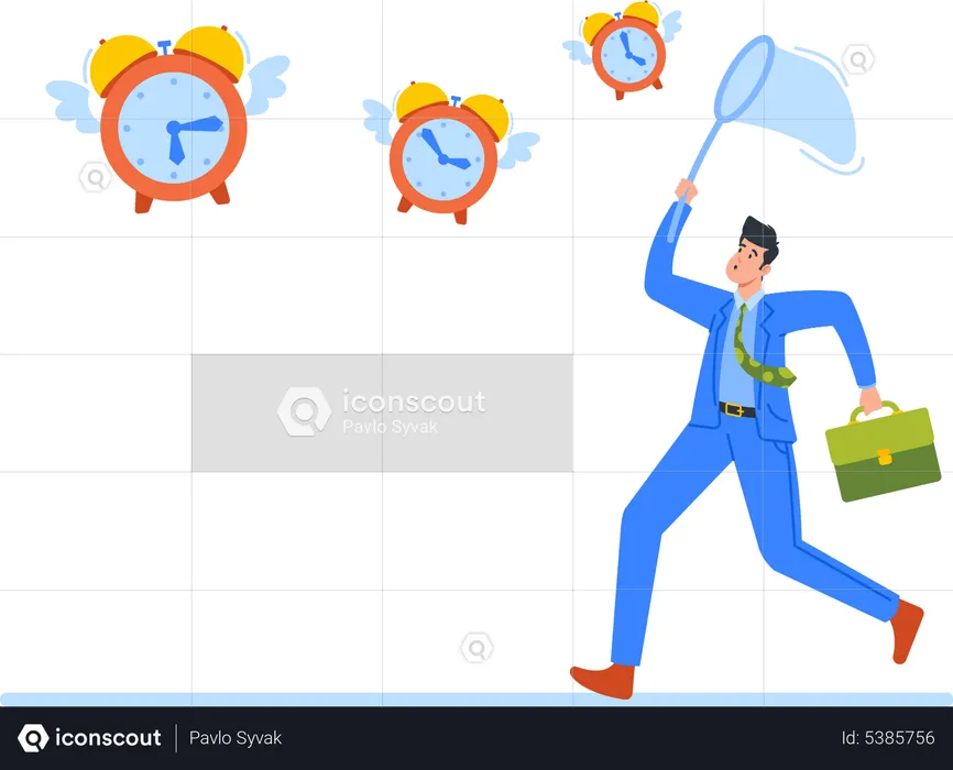 Homme d'affaires anxieux attrapant des réveils volants  Illustration