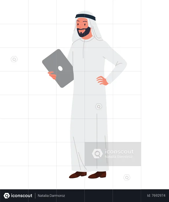 Homme d'affaires arabe tenant un ordinateur portable  Illustration