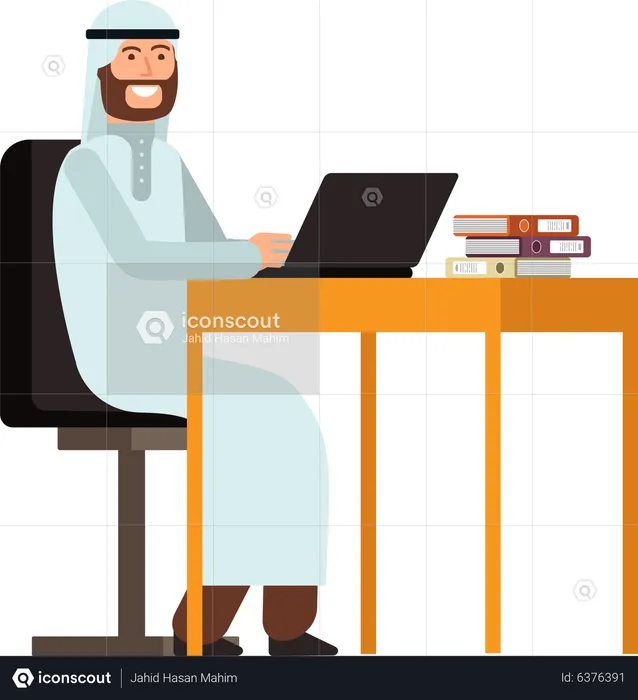 Homme d'affaires arabe travaillant sur un ordinateur portable  Illustration