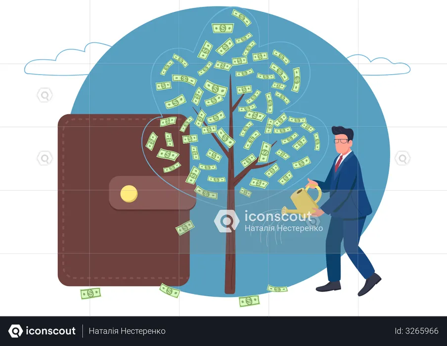 Homme d'affaires arrosant l'arbre d'argent  Illustration