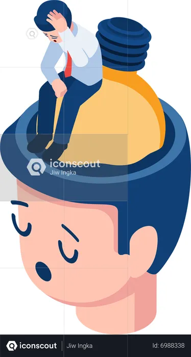 Homme d'affaires assis sur une ampoule qui coule à l'intérieur de la tête  Illustration