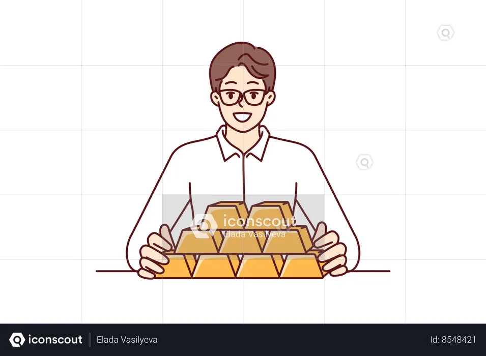 Homme d'affaires avec des lingots d'or assis à table pour investir dans des métaux précieux  Illustration