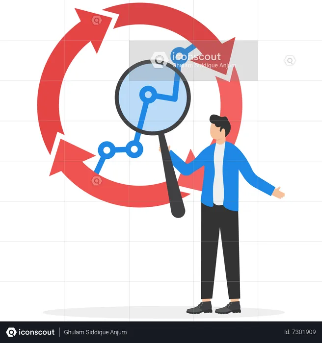 Homme d'affaires avec loupe sur le diagramme du cycle économique  Illustration