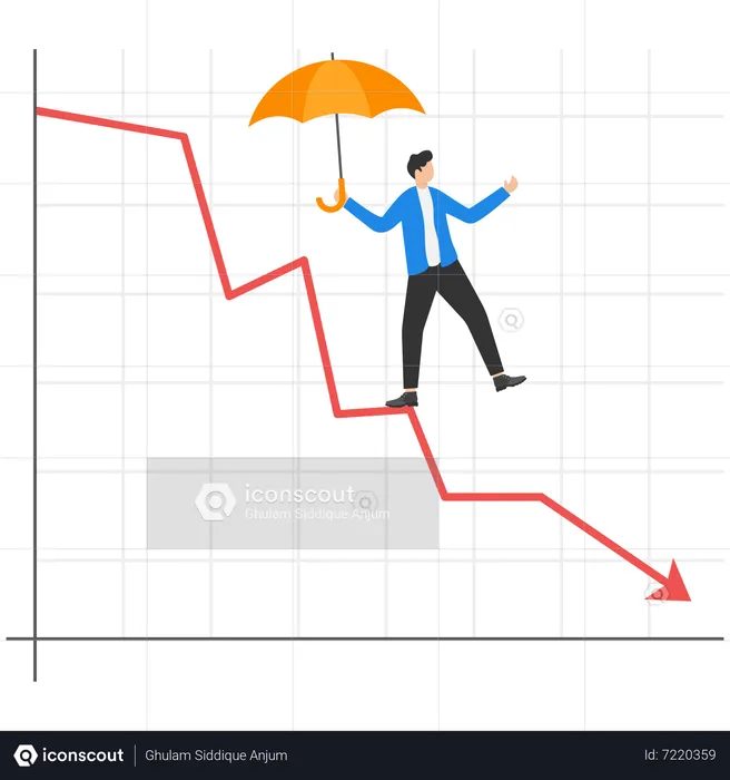 Homme d'affaires avec parapluie marchant sur la flèche de perte  Illustration