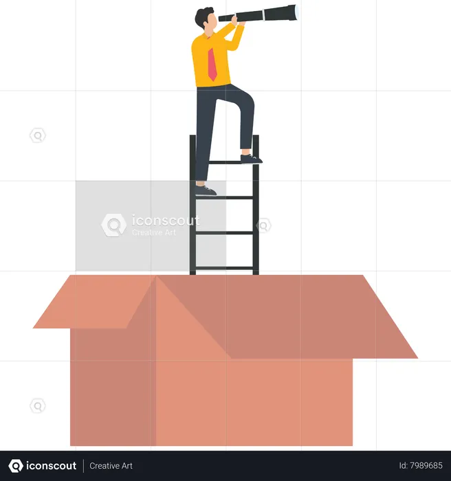 Homme d'affaires avec télescope debout sur une échelle sortie d'une boîte  Illustration
